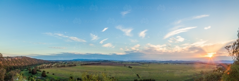 Panorama view of rural farms and paddocks of Long Point at sunset - Australian Stock Image