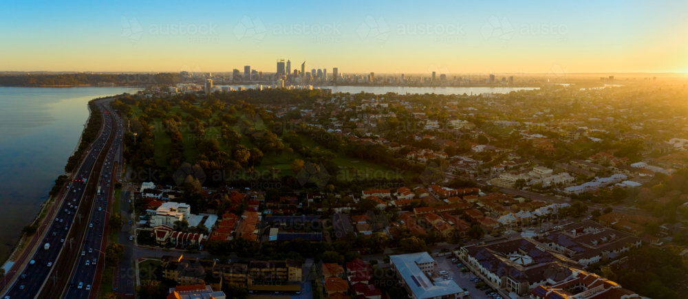 Panoramic Aerial Perth Sunrise : Austockphoto Panoramic Aerial Perth Sunrise - Australian Stock Image