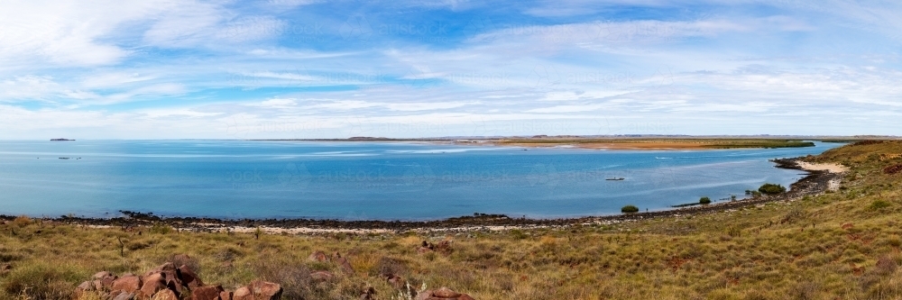 panoramic view of bay with boats - Australian Stock Image