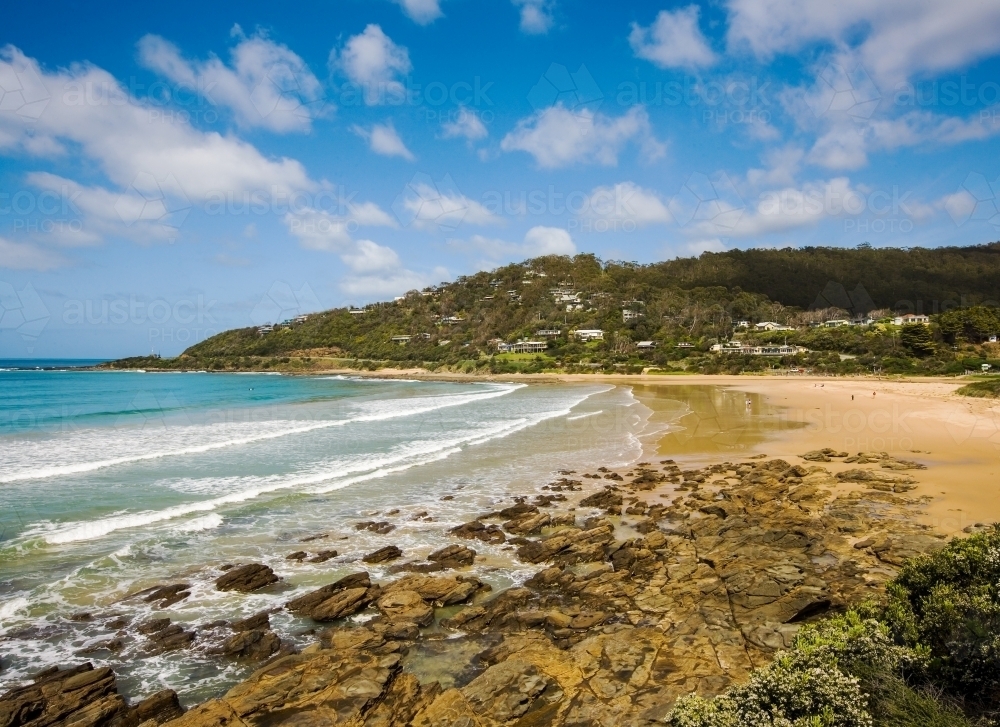 Panoramic view of beach and coastal town - Australian Stock Image