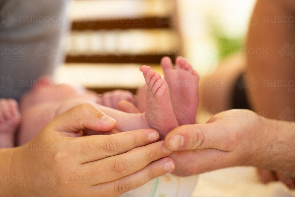 Parents hands and newborn baby feet - Australian Stock Image
