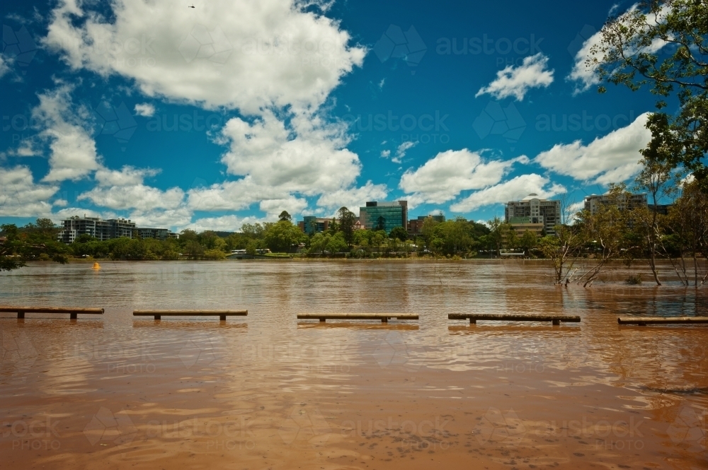 Park at West End under water as the Brisbane River floods - Australian Stock Image