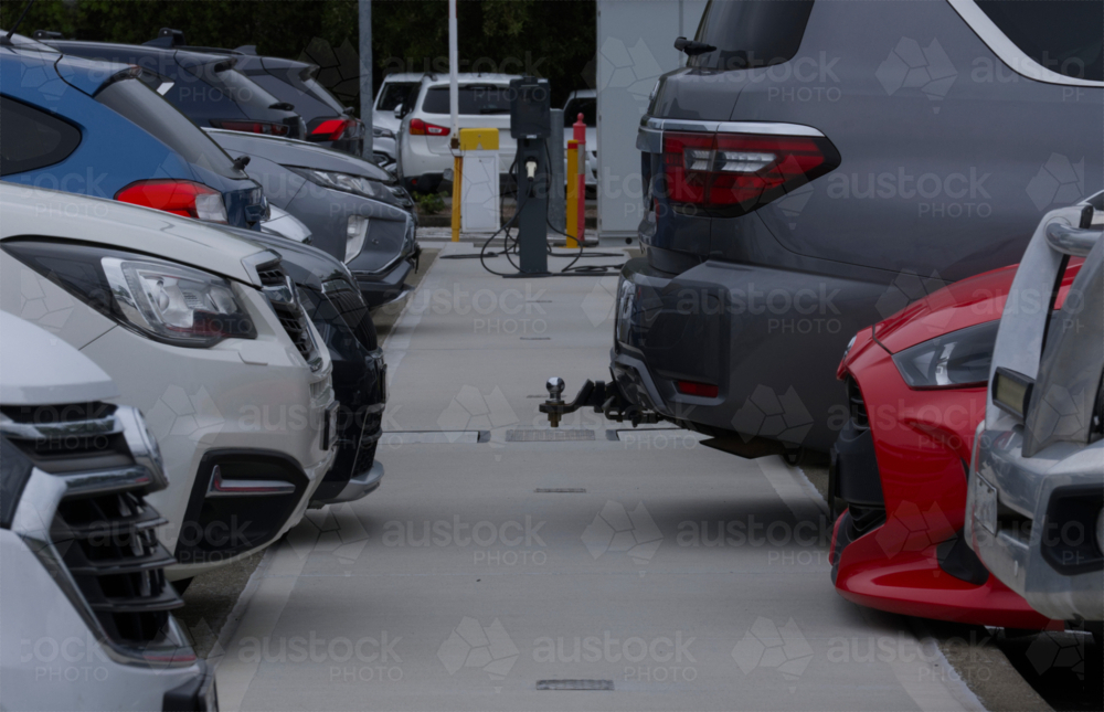 Parked cars blocking footpath - Australian Stock Image