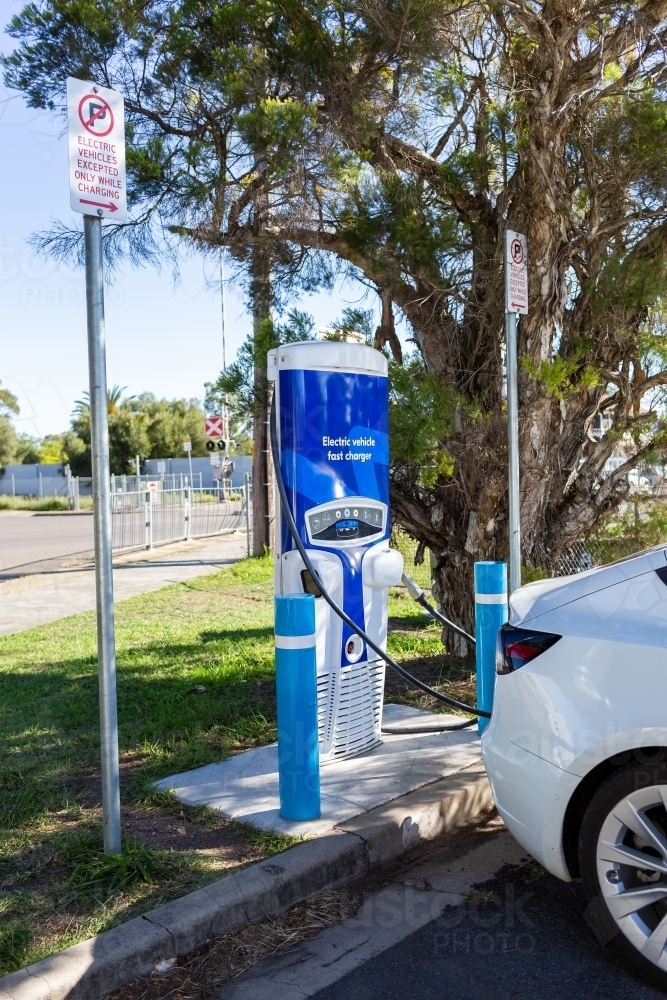 Parking prohibited for non electric vehicles at ev charging station in Scone, NSW, Australia - Australian Stock Image