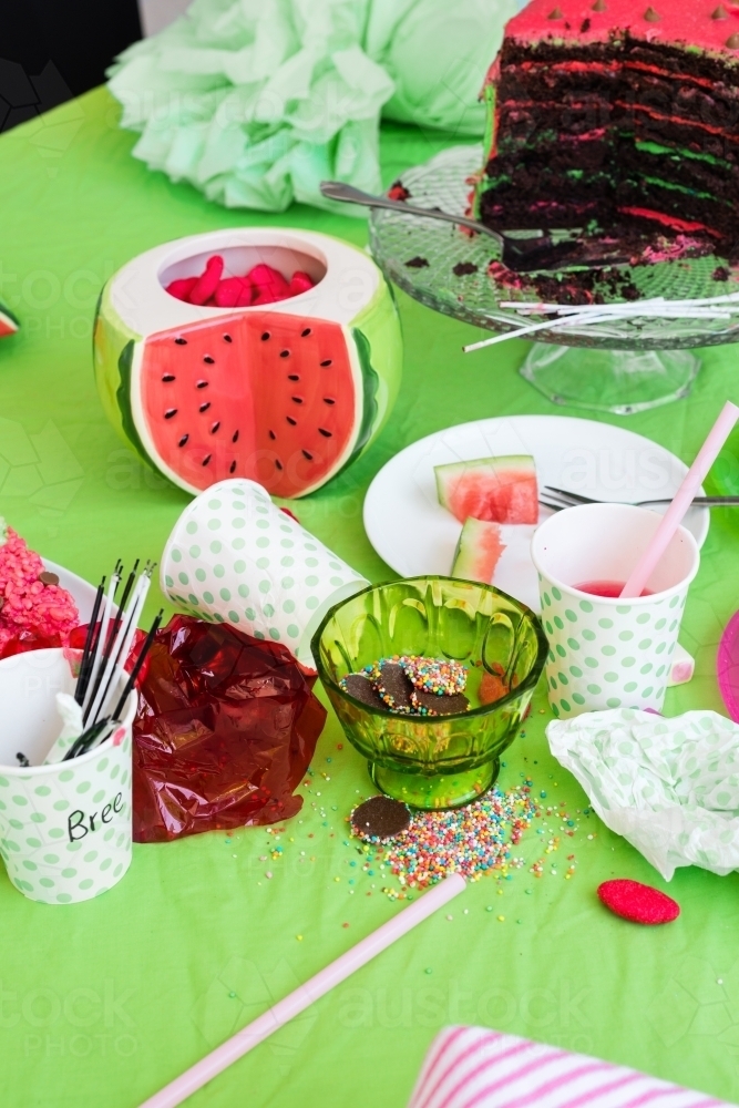 party food, freckles, cake, fruit and rice krispies - Australian Stock Image