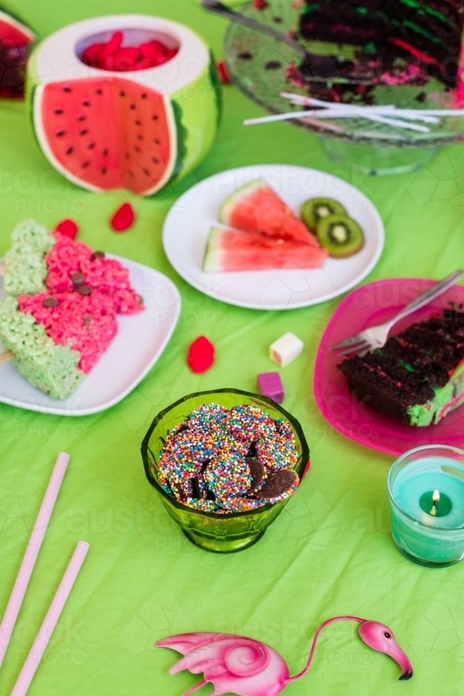 party food, freckles, cake, fruit and rice krispies - Australian Stock Image