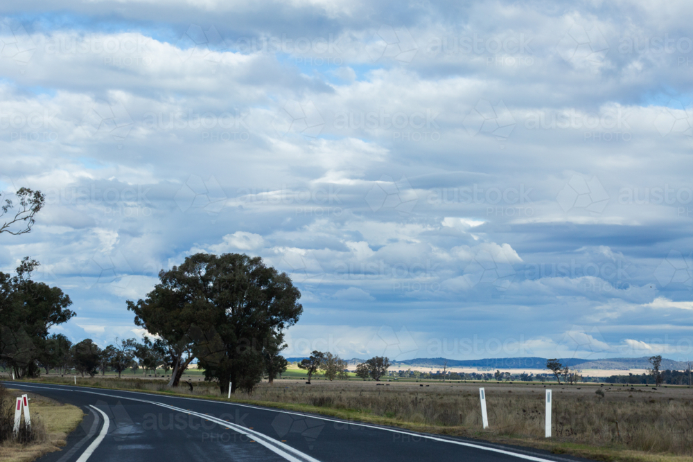 Image of Passenger view down bend in highway road through farmland ...