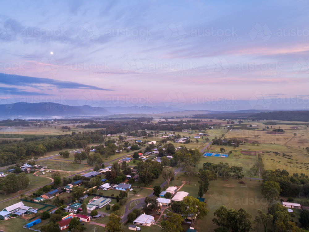 pastel dawn sky in Broke little country village in wine region of Hunter Valley - Australian Stock Image