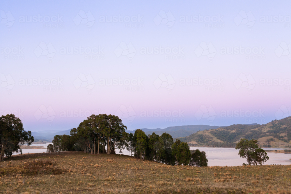 Pastel dusk sky over landscape of trees in dry farm paddock beside Lake St Clair NSW - Australian Stock Image