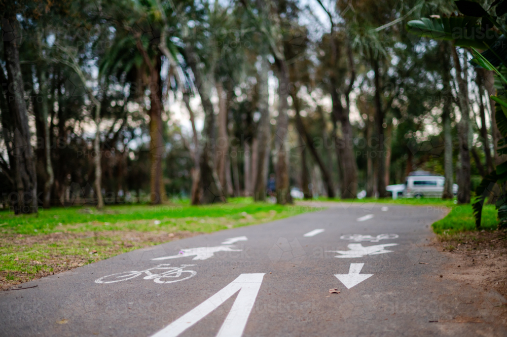 Pathway in a park shows signage for bike lane and pedestrian lane - Australian Stock Image