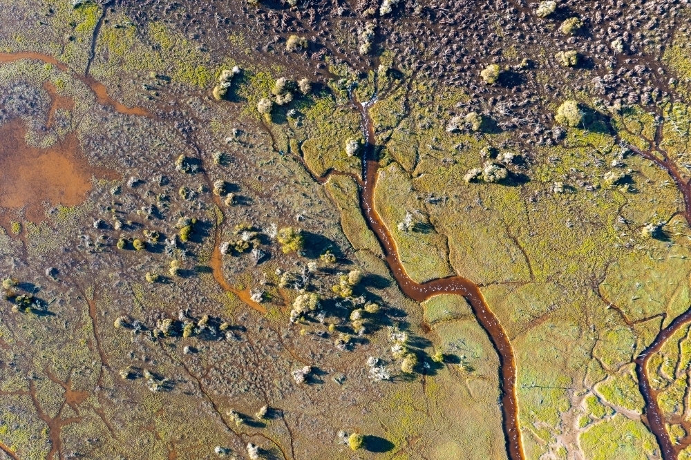 patterns in swampy landscape from above with bushes and creeks - Australian Stock Image