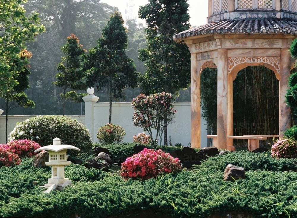 Peaceful Japanese Garden with Temple, Greenery and Flowers - Australian Stock Image