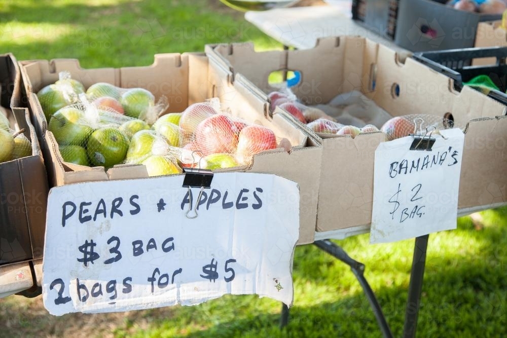 Pears and apples for sale at a farmers market - Australian Stock Image