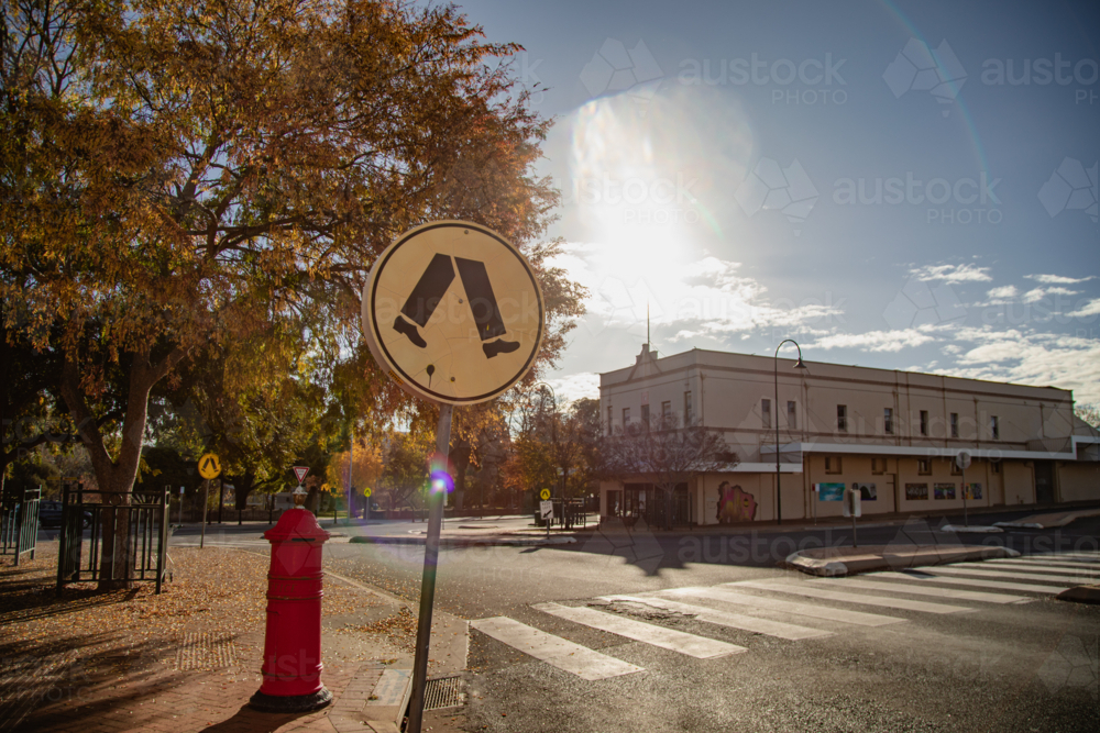 Pedestrian crossing in golden afternoon light at Wellington New South Wales - Australian Stock Image
