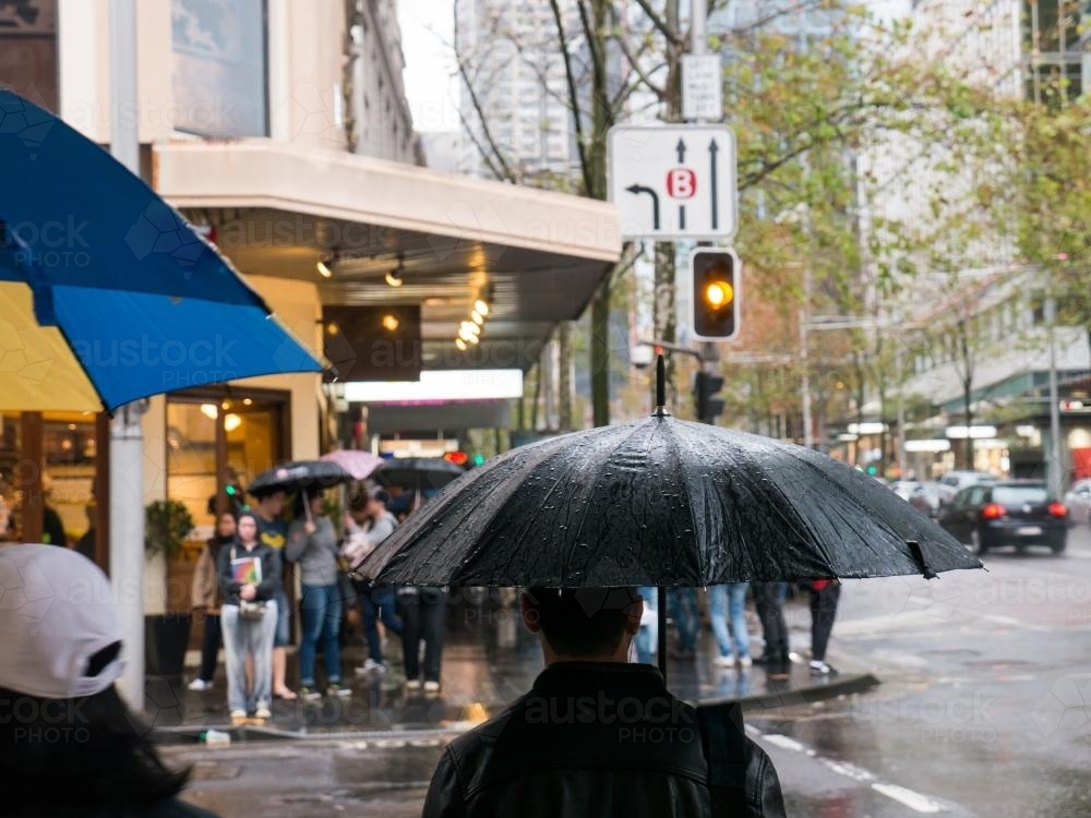 Pedestrians with umbrellas on a wet and cold Sydney day - Australian Stock Image