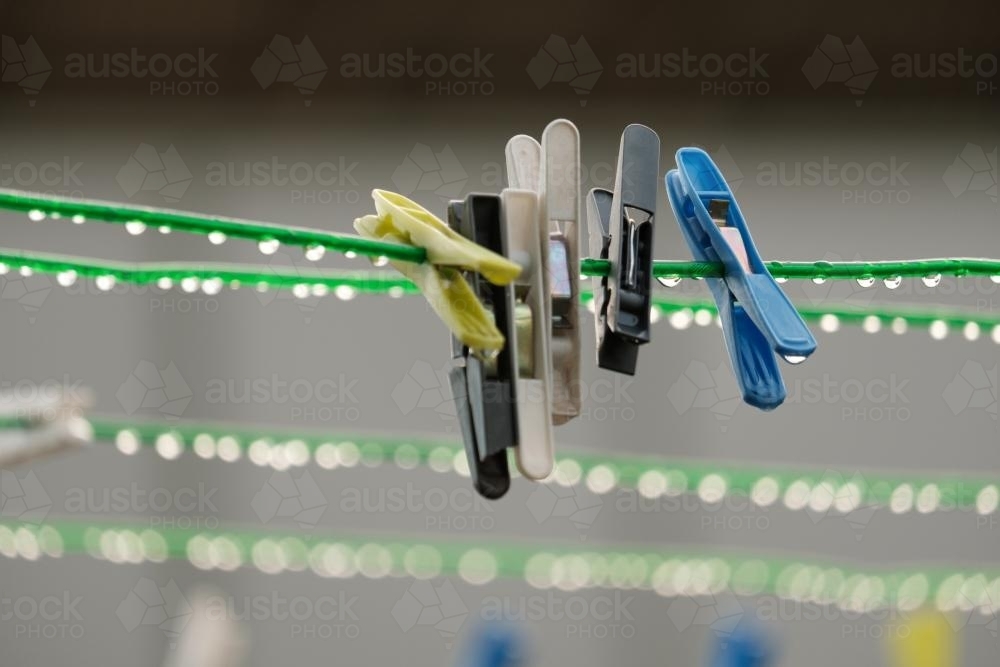 Pegs on a Wet Clothes Line - Australian Stock Image