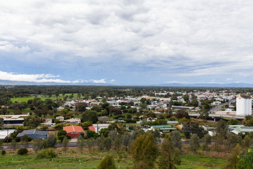 Pensioners Hill Lookout view over Gunnedah and passing freight transport train - Australian Stock Image