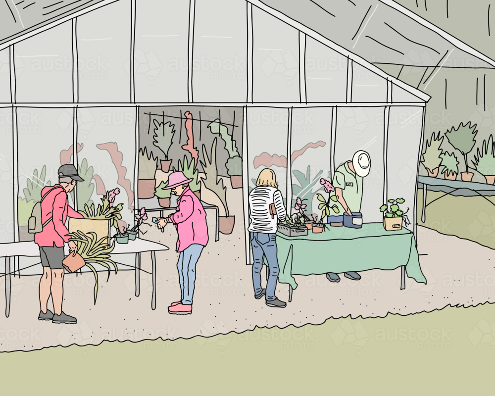 People at plant sale in front of greenhouse - Australian Stock Image