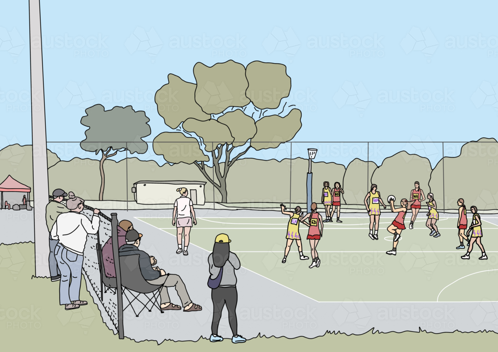 People sitting and standing on sidelines watching winter netball game : Austockphoto People sitting and standing on sidelines watching winter netball game - Australian Stock Image