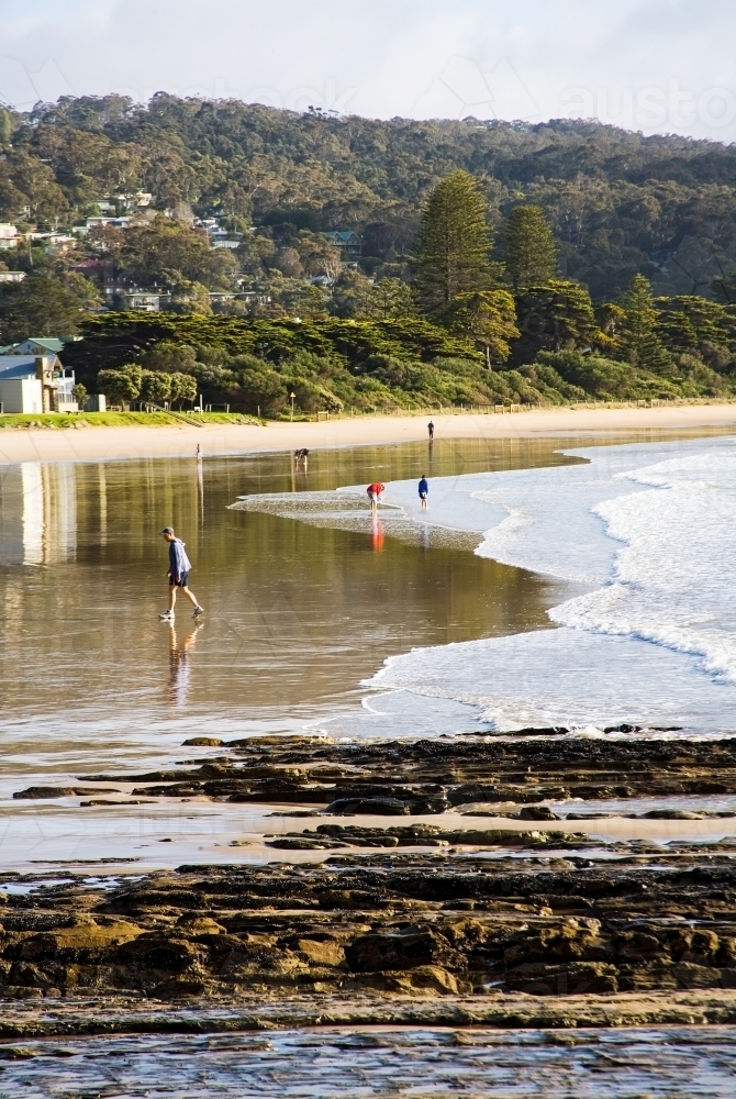 People walking on a beach in the early morning - Australian Stock Image