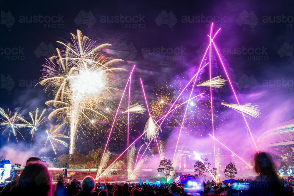 People watching fireworks on Australia Day in Adelaide City at night time - Australian Stock Image