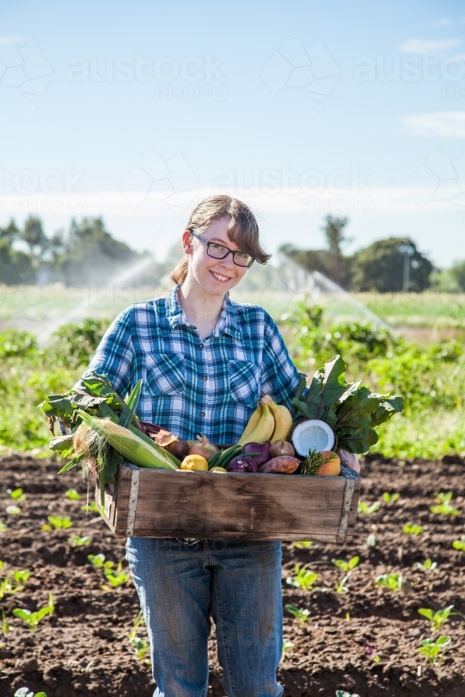 Person on farm in flannel shirt holding box with a variety of fruit and veg - Australian Stock Image