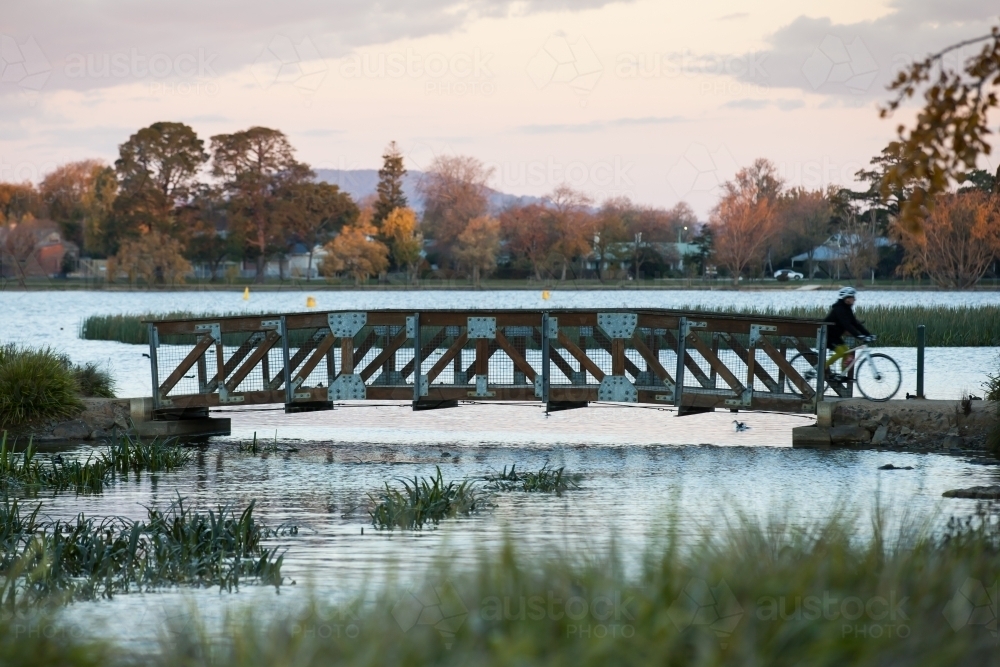 Person riding a bike on a footbridge over a lake. - Australian Stock Image