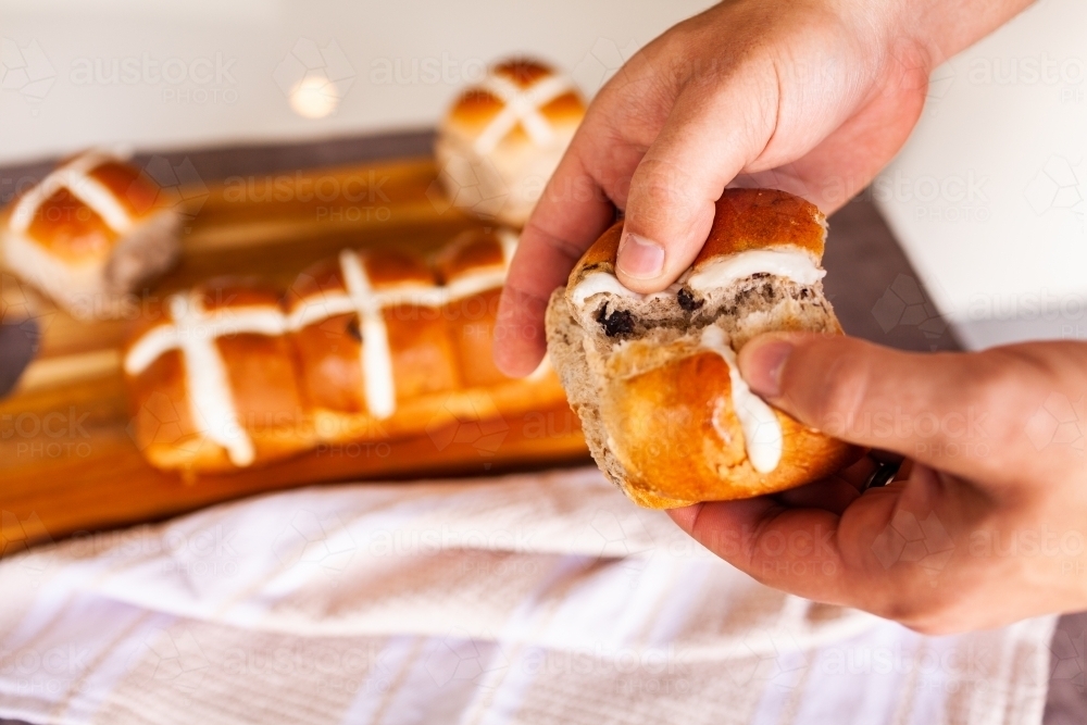 Person's hands tearing into a warm hot cross bun for Easter - Australian Stock Image