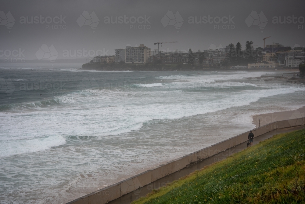 Person walking a dog in the rain along the beachside walking track in Cronulla - Australian Stock Image