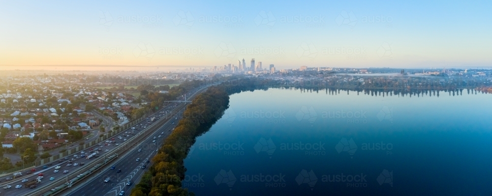 Perth Aerial Panoramic View Over Lake Monger on Misty Morning : Austockphoto Perth Aerial Panoramic View Over Lake Monger on Misty Morning - Australian Stock Image