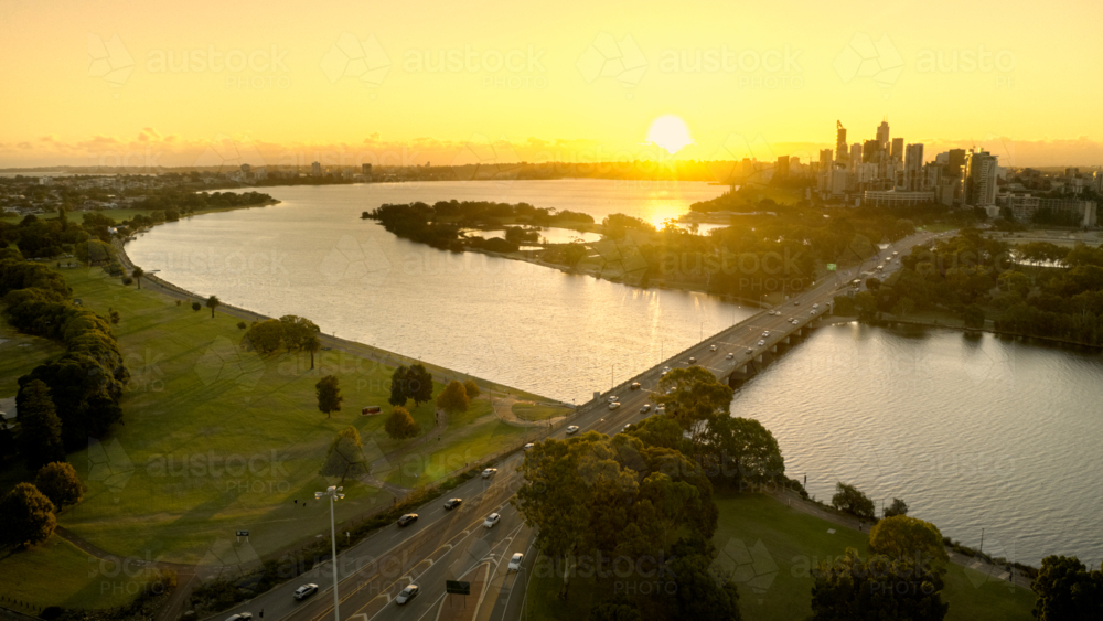 Perth City CBD and Swan River Sunset Aerial - Australian Stock Image