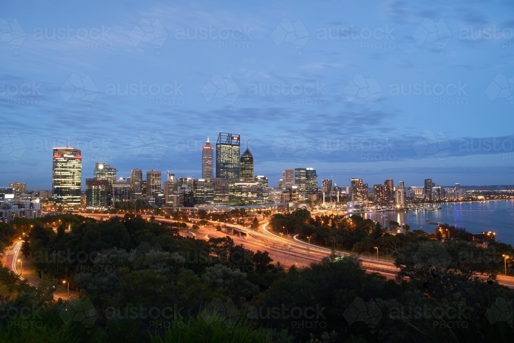 Perth City lights at dusk as seen from King's Park. - Australian Stock Image