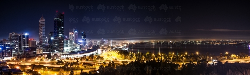 Perth city nighttime fog - Australian Stock Image