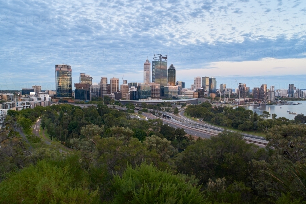 Perth City Skyline from King's Park in the evening. - Australian Stock Image