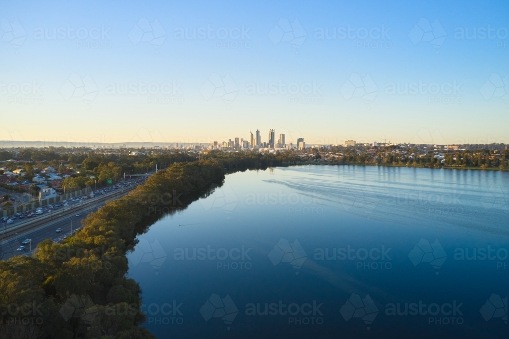 Perth Freeway, Lake Monger and City Skyline - Australian Stock Image