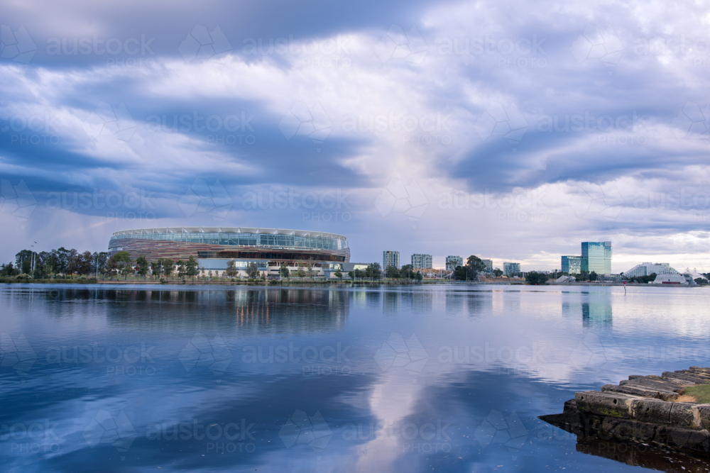Perth Stadium Along The Swan River seen across the water on stormy day - Australian Stock Image