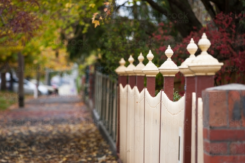 Picket fence on a tree lined footpath - Australian Stock Image