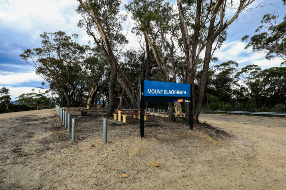 Picnic area at Mount Blackheath in the Blue Mountains featuring open bushland setting with seating - Australian Stock Image