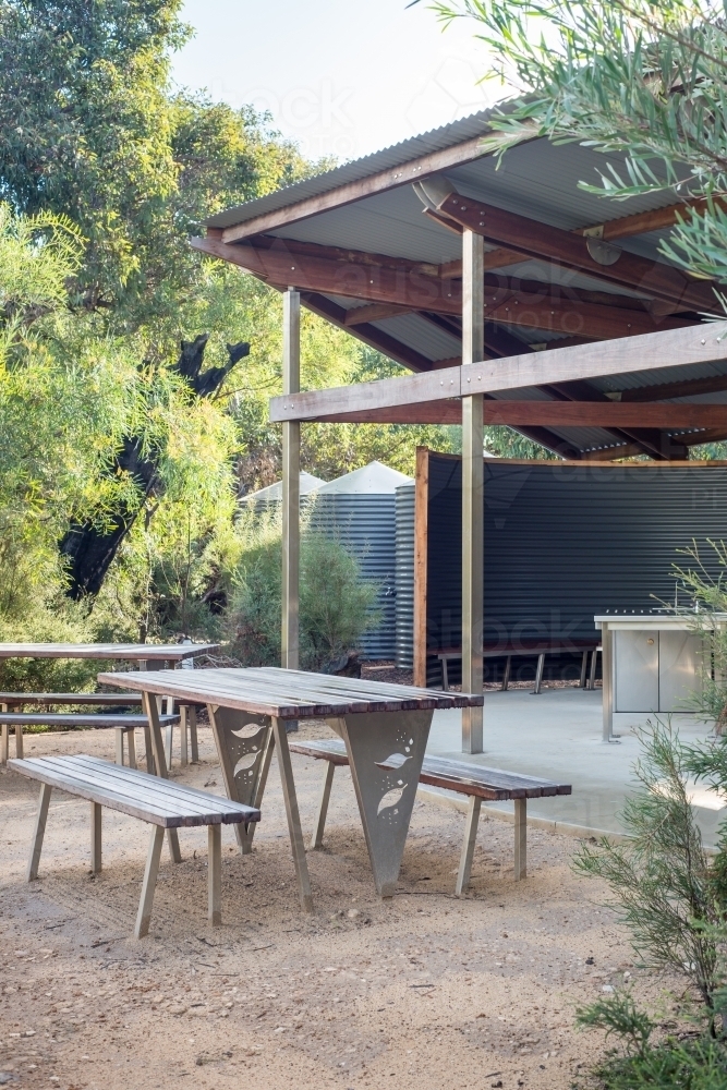 Picnic tables and shelter in bushland - Australian Stock Image