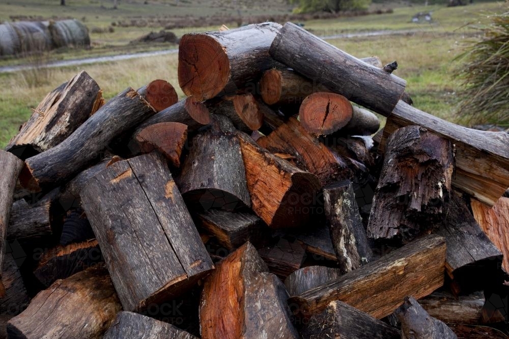 Pile of fiewood in the rain - Australian Stock Image