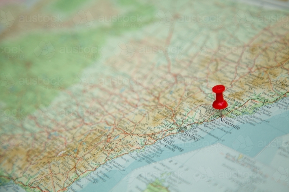 Pin marking road trip destination on map - Australian Stock Image