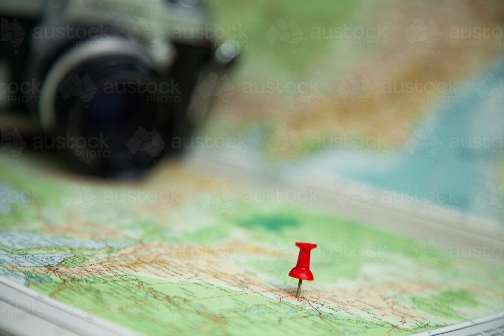 Pin marking road trip destination on map - Australian Stock Image