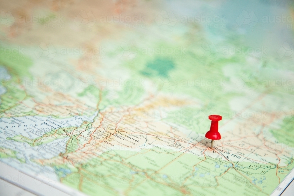 Pin marking road trip destination on map - Australian Stock Image