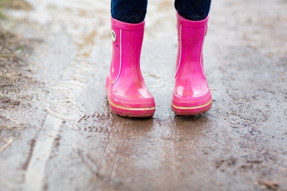 Pink gumboots, pink raincoat, wet weather - Australian Stock Image