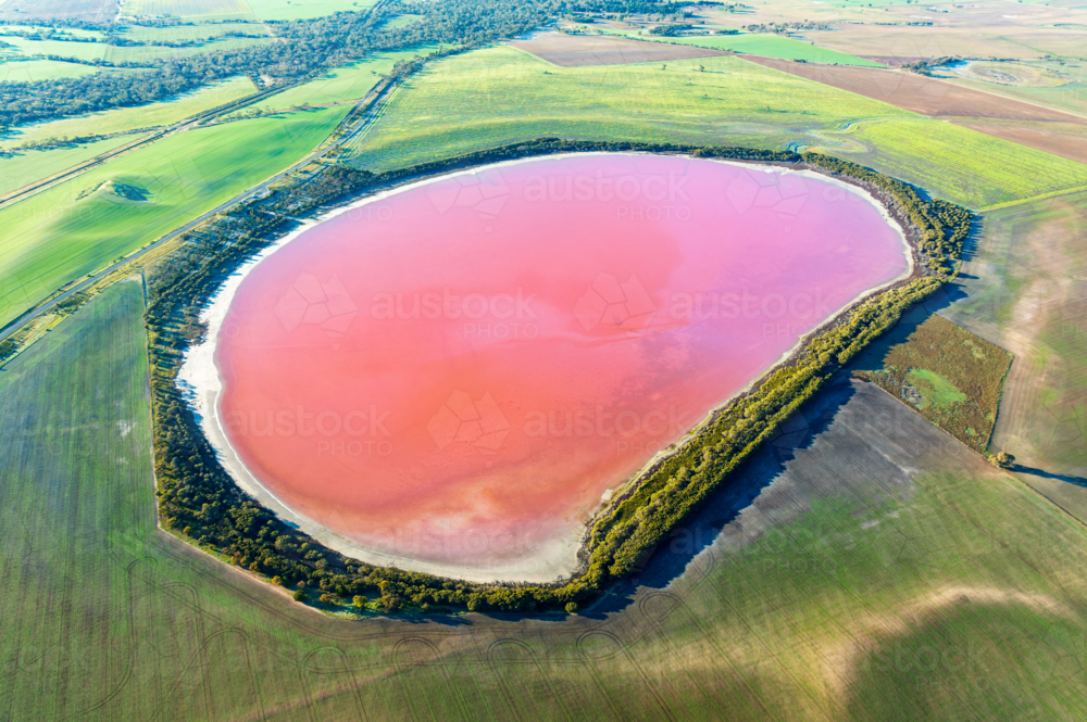 Pink Lake in Dimboola seen from aerial view - Australian Stock Image