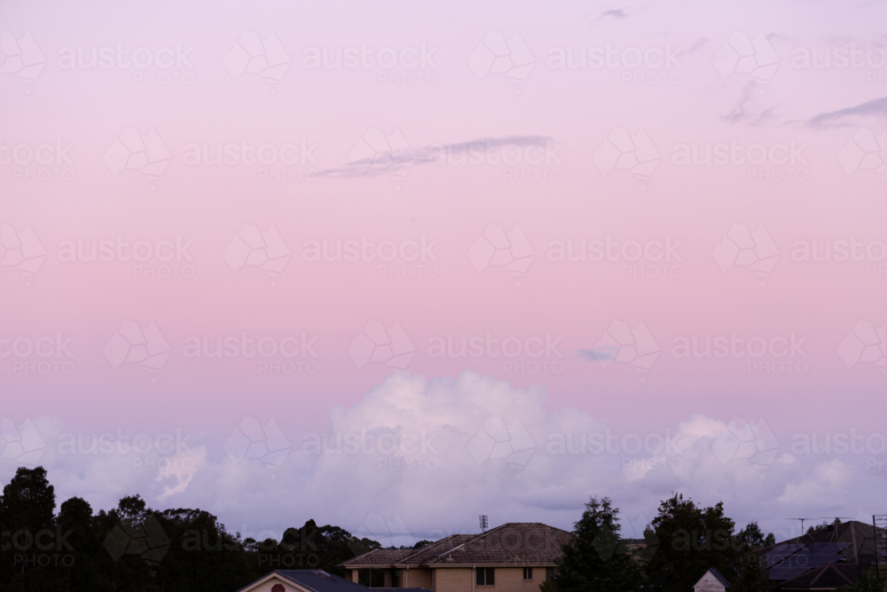 Pink pastel dusk sky over rooftops - Australian Stock Image