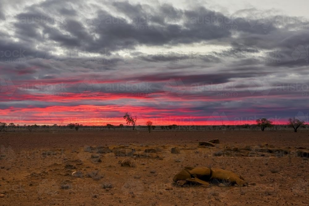 Pink sky sunset over barren outback landscape - Australian Stock Image