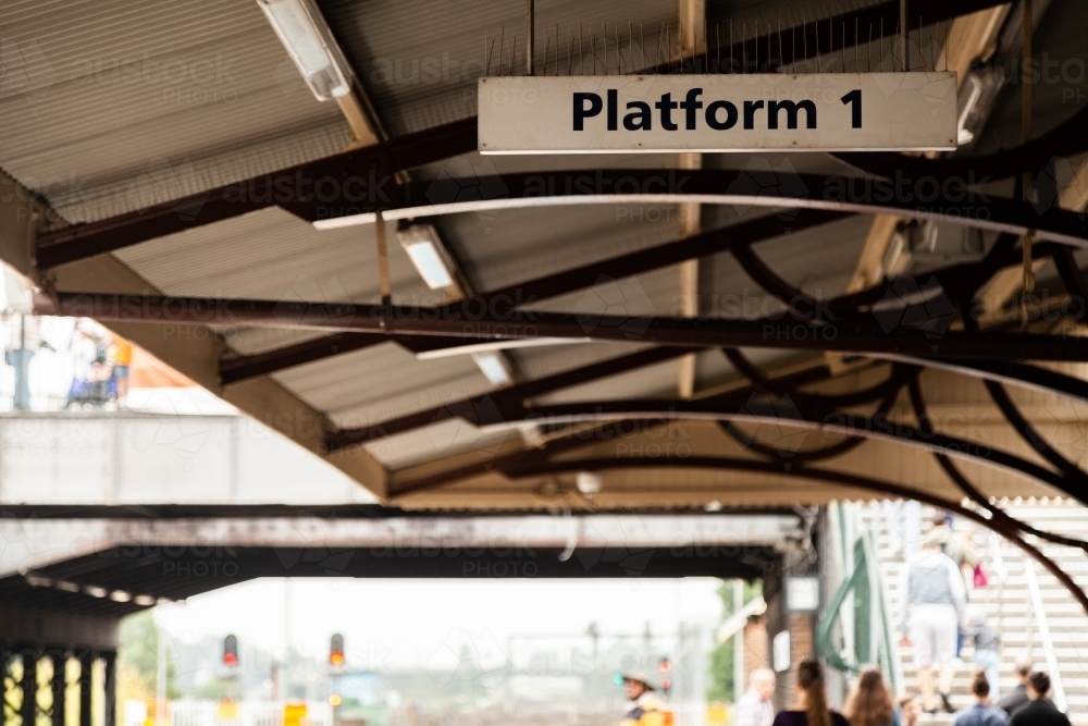 Platform 1 sign at train station - Australian Stock Image