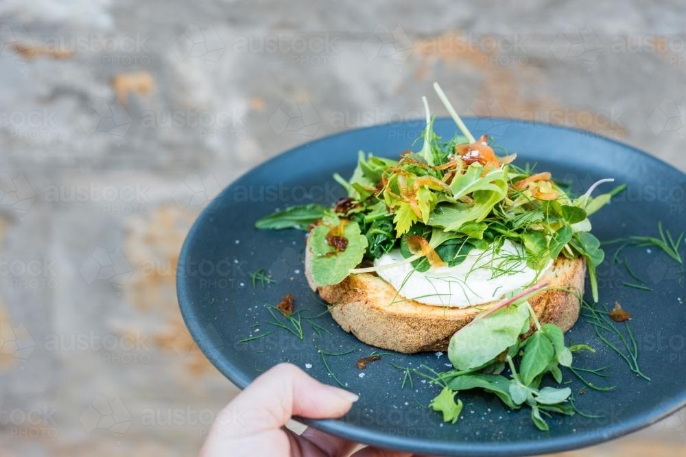 Poached egg on toast with goats curd and topped with green leaves and onion. - Australian Stock Image