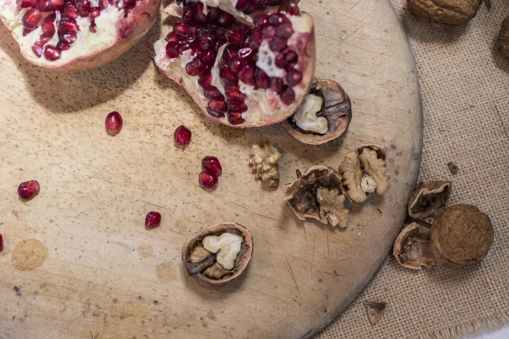 Pomegranate and walnuts - Australian Stock Image